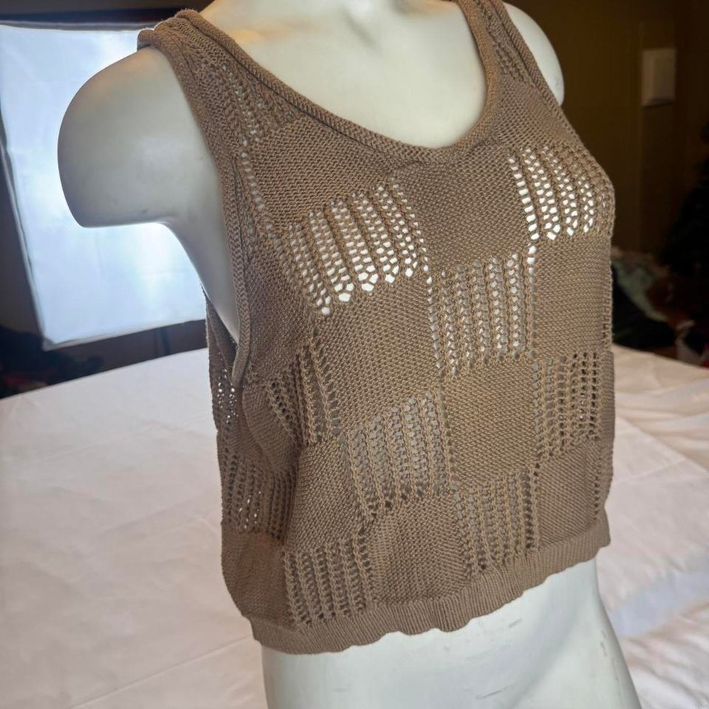 Brown Open Knit crochet Patchwork Sweater Tank Top Boho Skater